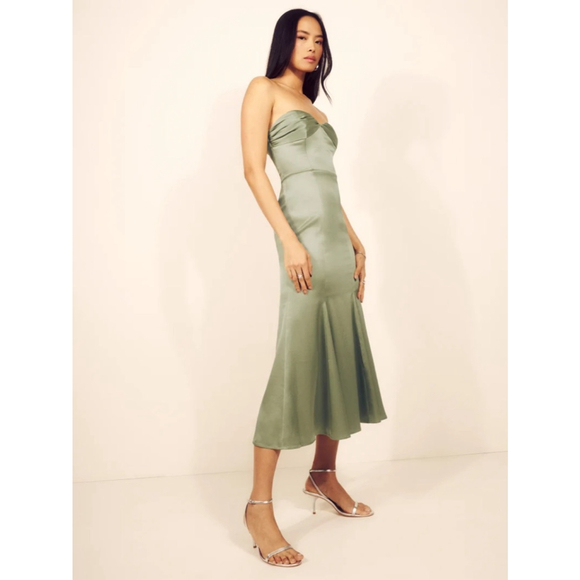 Women's Reformation Hensley Satin Midi Dress in Artichoke Green, Size 12 - Picture 3 of 10